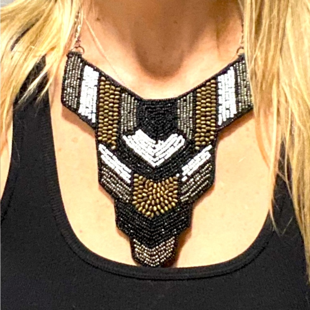 NEW!!! Seed Bead Black White Gray Tribal Statement Necklace